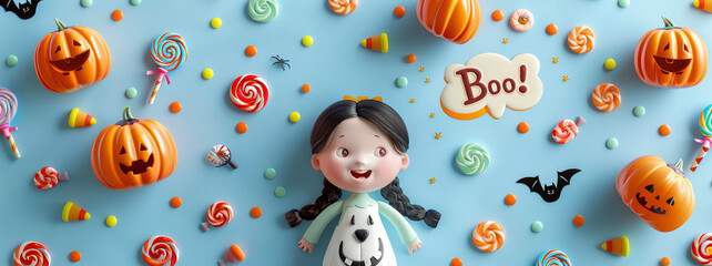 A cheerful and festive Halloween scene featuring playful decorations. The background is light blue, creating a bright and happy atmosphere