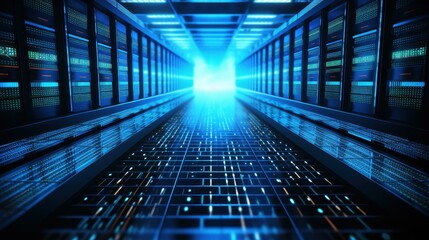 Obraz premium Hightech visualization of cloud computing data flow in a network of servers on a cool blue background.