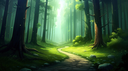 Fototapeta premium Immerse yourself in a serene forest scene with vibrant foliage and dappled sunlight.