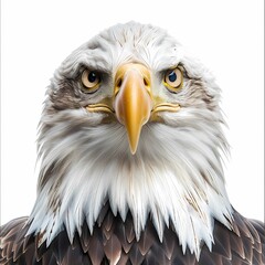 Fototapeta premium Photo Aesthetic, High-Resolution Photo, Endangered Bird Photography Inspiration on White Background: A close-up portrait of a majestic bald eagle, raising awareness for bird conservation.