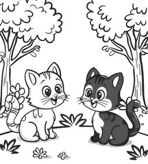 Fototapeta premium Two cats are sitting in a grassy field, one is black and the other is white. The black cat is looking at the white cat with a smile on its face. The scene is peaceful and calm