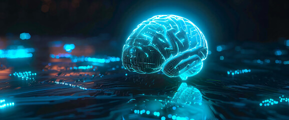 3D rendering of human brain made from circuit board, AI concept on black background with copy space for text or design. Blue and turquoise colors


