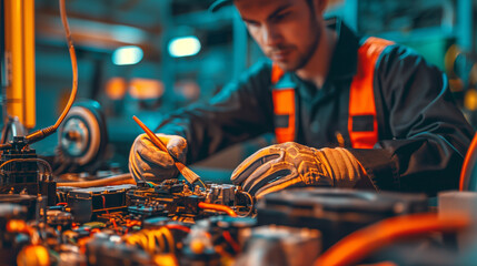 
Technician cleaning car battery terminals with a brush, emphasizing maintenance in a well-lit workshop