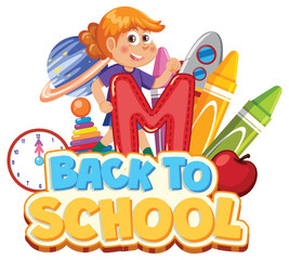 Excited child with school supplies and toys