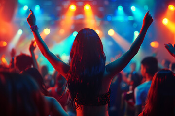 A woman is standing in a crowd of people, holding her arms up in the air. Concept of excitement and joy, as the woman is celebrating or enjoying a special event