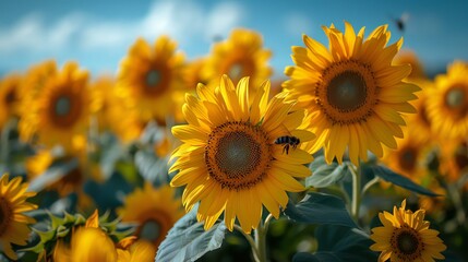 Fototapeta premium Field of sunflowers, bright yellow petals facing the sun, clear blue sky in the background. Bees and butterflies hovering around