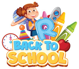 Excited child with school supplies and clock