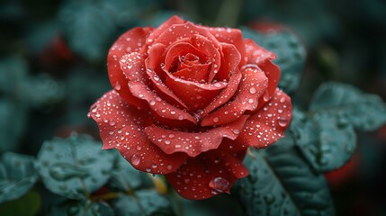 Red rose, dew drops glistening on the petals, soft focus background of green leaves