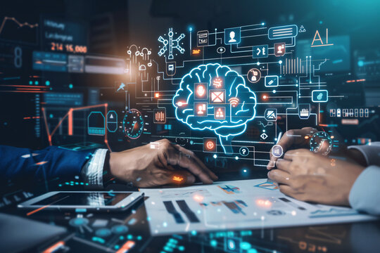 Artificial intelligence concept with business man holding hologram icon of artificial smart technology and data elements on virtual screen background, text "AI"