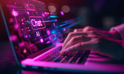 Photo of A person typing on laptop with chatbot interface and text "chat AI"