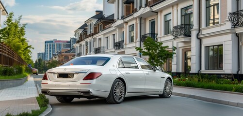 Buttercream luxury sedan in an upscale urban neighborhood, copy space for text on the left.