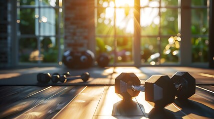 Closeup of dumbbells on the floor of home gym with sunlight through the window