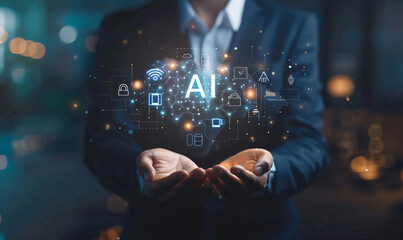 Artificial intelligence concept with business man holding hologram icon of artificial smart technology and data elements on virtual screen background, text "AI"