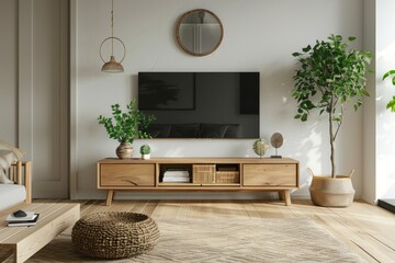 Minimalist light wood entertainment console in modern living room
