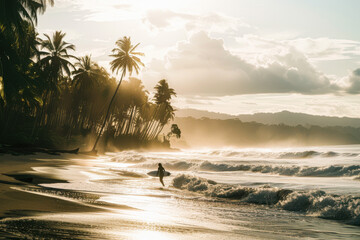 Surfer with board on tropical beach, palm trees, and morning mist