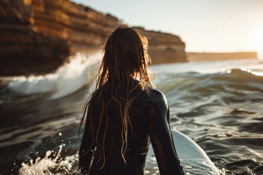 Surfer in wetsuit paddling out to sea, waves crashing at sunset