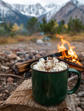 Green mug of hot chocolate and marshmallows by campfire with mountains