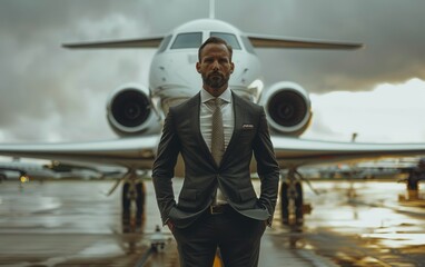 A man in a suit stands in front of a jet. Concept of power and authority, as the man is dressed in a suit and tie, and the jet is a symbol of wealth and luxury