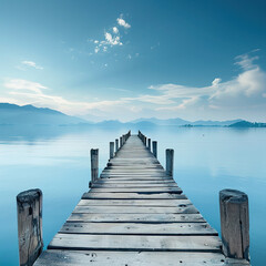 Obraz premium I imagined an image of a wooden pier stretching out over a calm lake, with a serene sky overhead and the sun setting in the distance