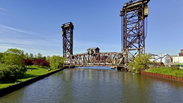 Aerial view approaching the Pennsylvania Railroad Bridge 466, summer in Chicago