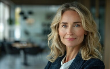 A woman with blonde hair and blue eyes is smiling for the camera. She is wearing a blue jacket and white shirt