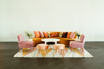 Modern living room setup with colorful furniture