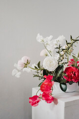Close-up of a floral arrangement with pink and white flowers