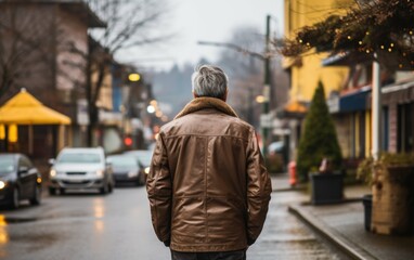 Fototapeta premium A man wearing a brown leather jacket is walking down a street in the rain. The street is lined with parked cars and there are several traffic lights along the way