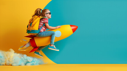 girl with backpack flying a rocket back to school