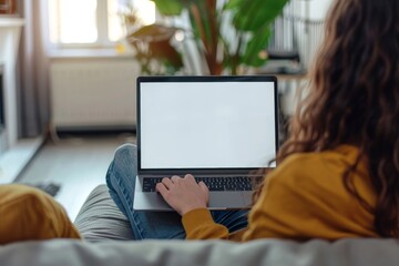 Fototapeta premium blank screen mockup laptop with home background for advertising, woman using laptop