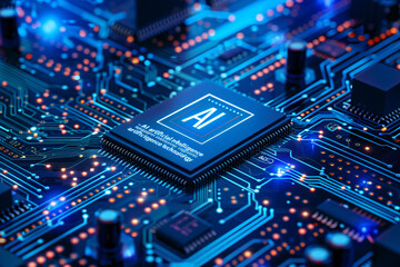Fototapeta premium Abstract blue circuit board with a chip and text 