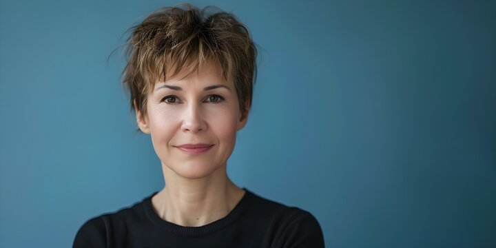 Middleaged woman with pixie haircut against blue background with copy space. Concept Pixie Haircut, Blue Background, Middle-Aged Woman, Copy Space, Portrait