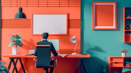 A man is sitting at a desk in a colorful room