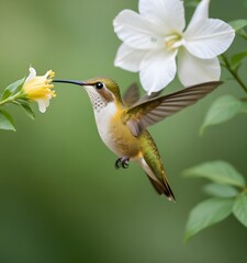 Fototapeta premium A yellow hummingbird with a long beak hovering near a white flower against a blurred green background