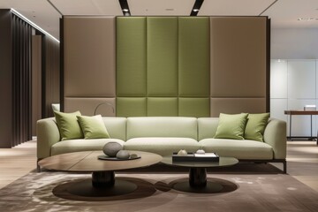 Modern minimalistic office lounge with elegant green sofa and stylish coffee tables