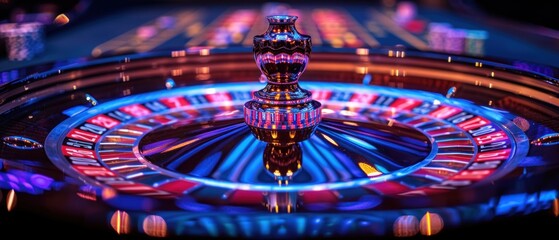 Zoom in on a roulette wheel mid-spin, capturing the blur of motion and the intensity of players placing their bets.