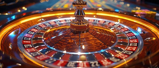 Zoom in on a roulette wheel mid-spin, capturing the blur of motion and the intensity of players placing their bets.
