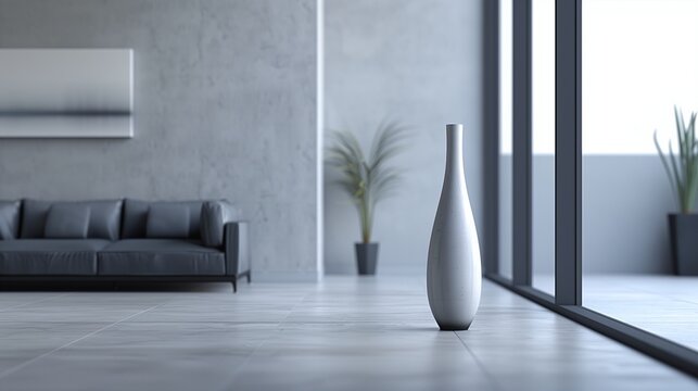 A contemporary living room with a minimalist design, featuring a single, sleek minimalist vase in a tall, angular shape
