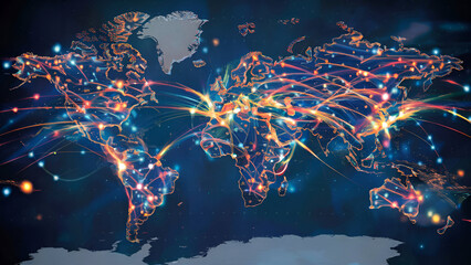 Universal digital network lines stretching across a global map with glowing nodes and trajectories representing data transfer, connectivity, and tech progress. Generated ai