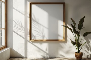 Empty wooden frame mockup on the wall with sunlight and plant decor