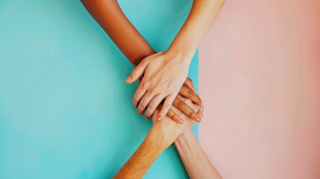 Closeup of three hands reaching up, representing unity and diversity