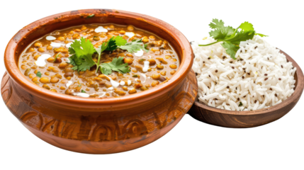 Photograph of a warm and comforting bowl of dal makhani, a lentil stew simmered in butter, cream, and spices, accompanied by a side of jeera rice on a transparent background.