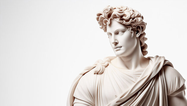 Estatua de m&aacute;rmol blanco de var&oacute;n romano con fondo blanco
