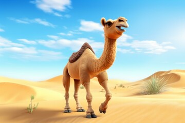 Explore the Egyptian desert with a cute cartoon camel in this charming image.