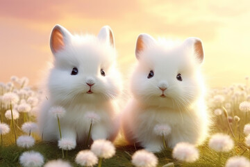 Delight in the charm of fluffy bunnies on a flowerfilled meadow in a cute and whimsical cartoon illustration.