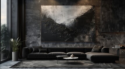 A contemporary living room with a black sofa, dark concrete walls, and a large, black and white abstract canvas