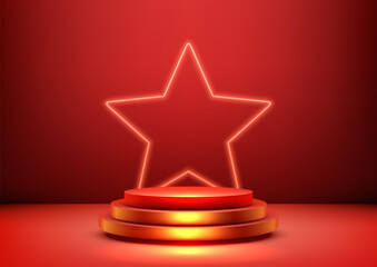 Award Podium with Neon Star in Luxury Red and Gold 3D Design, Elegant Entertainment and Product Display