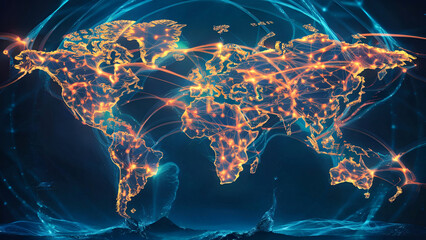 International digital network routes spanning a world map with radiant dots and trails illustrating data movement, communication, and technological development. Generated ai