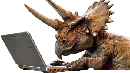 Fototapeta premium Photograph of a triceratops writing a novel on a laptop, with a transparent background.