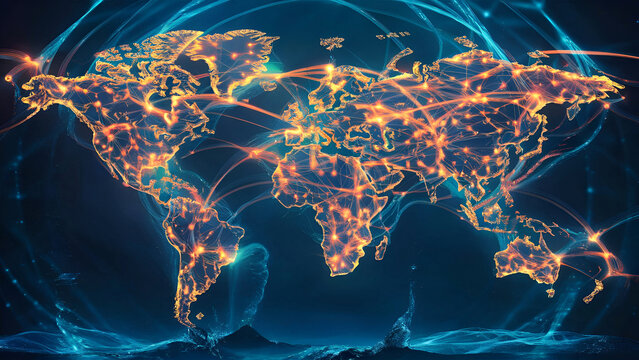 International digital network routes spanning a world map with radiant dots and trails illustrating data movement, communication, and technological development. Generated ai